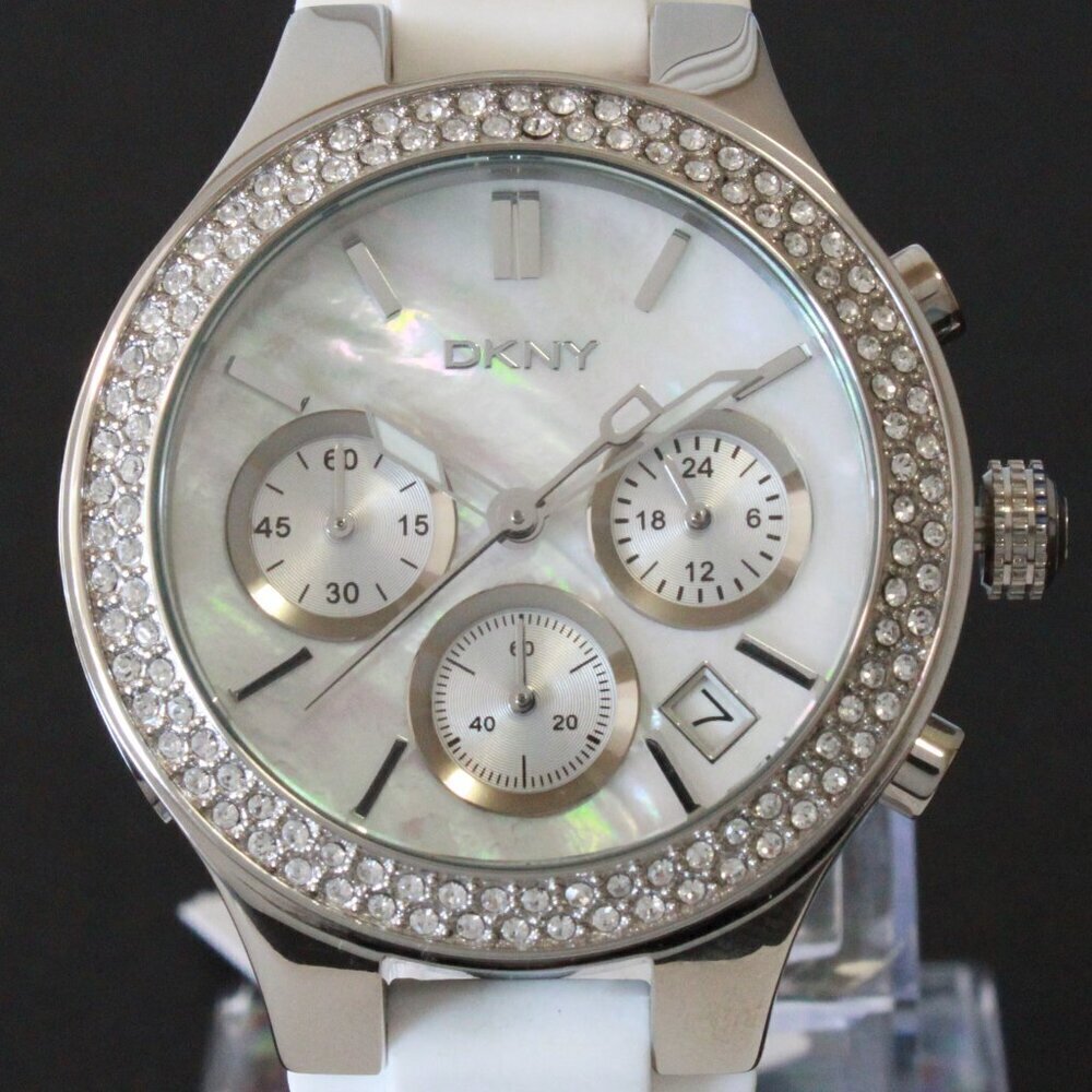 DNKY Women's Chronograph Crystal Bezel Mother Of Pearl Dial Silicone Strap 38mm - Picture 9 of 14